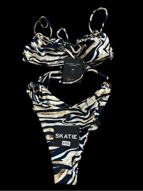 SKATIE Zebra Bikini Set XS Demi Top Suzanne Bottom Tie Strappy NWT